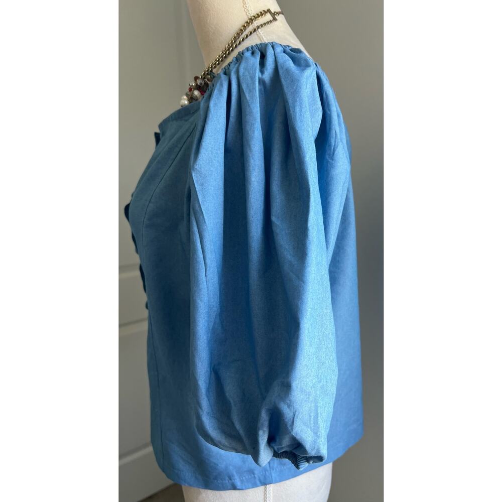 NEW Retro Off Shoulder Chambray Puff Sleeve Button Up Cotton Blend Blouse 2XL - Picture 5 of 7